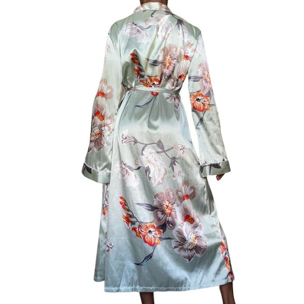 1960s inspired green satin robe with floral print
